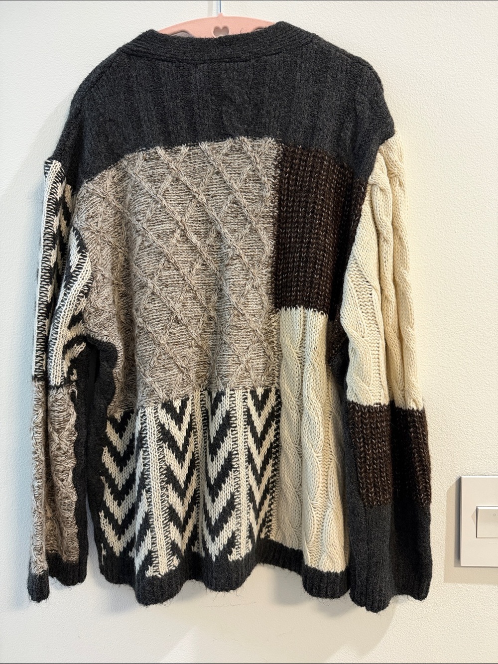 Zara Charcoal Patchwork Cable Knit Cardigan with Cream & Brown Panels - Picture 6 of 6